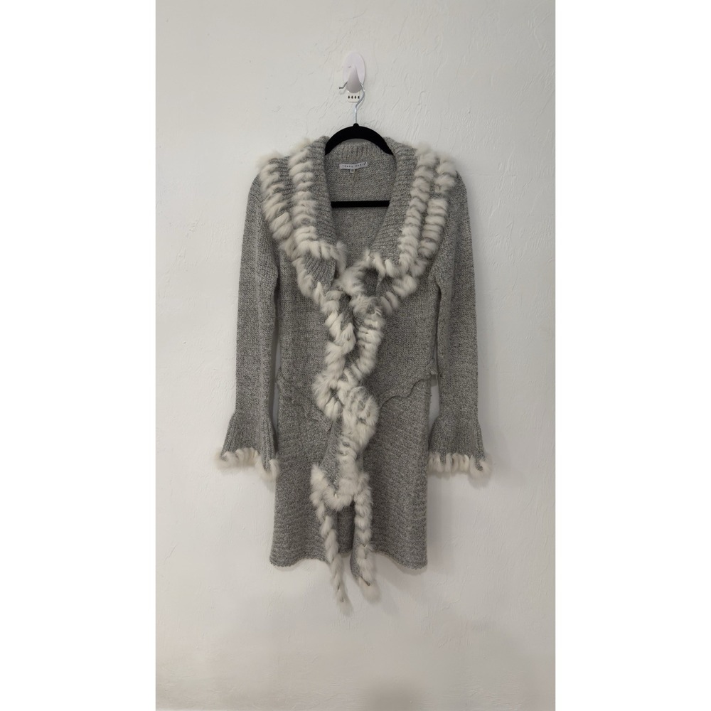 Tempo Paris Gray Knit Faux Fur Trim Longline Cardigan Sweater Bell Sleeve S/M - Picture 2 of 9